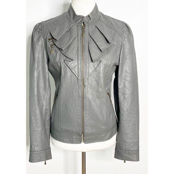 Vtg y2k  Kut From The Kloth Gray Leather Moto Fairy‎ Romantic Fitted Jacket  S - Picture 1 of 6